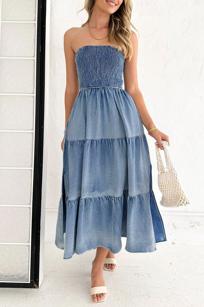 Gradual Change Pocket Slit Strapless Sleeveless Denim Dresses