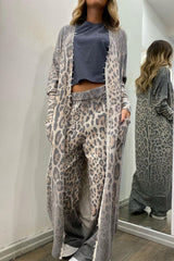 Casual Print Leopard Pocket Cardigan Collar Long Sleeve Two Pieces