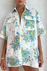 Sweet Floral Pocket Turndown Collar Short Sleeve Two Pieces