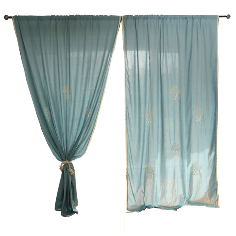 YOUMIKA  -  Natural Cotton Linen Embroidery Blue Curtains, Hand Crochet Lace Edge, Sheer Curtain for Living Room Bedroom, Pastoral Curtains