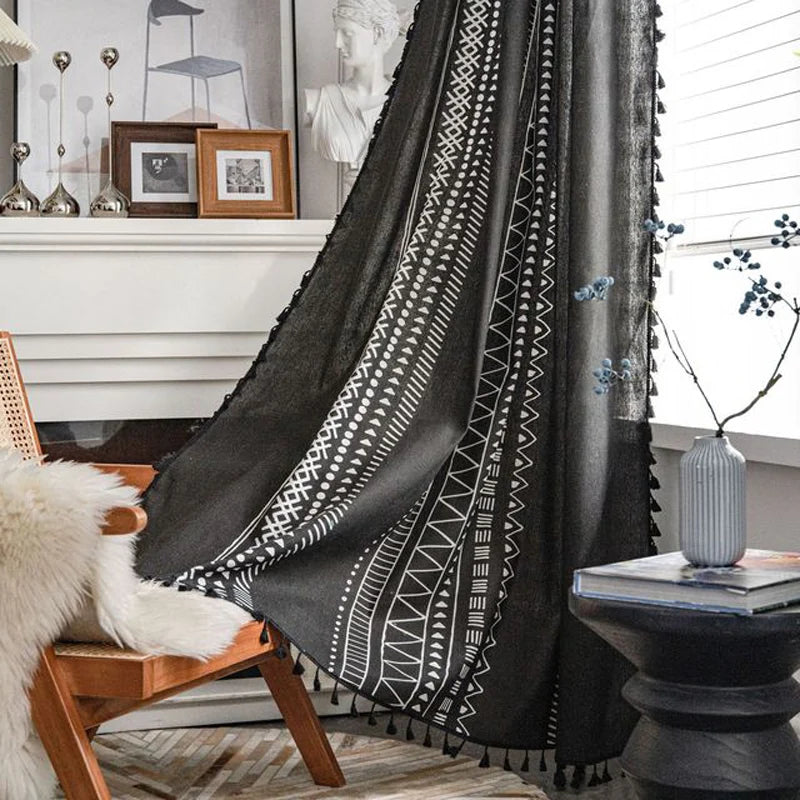 YOUMIKA  -  Vintage Geometric Printed Cotton Curtains with Tassels Rod Pocket, Darkening Window Treatment, Living Room, Bedroom, TJ7031