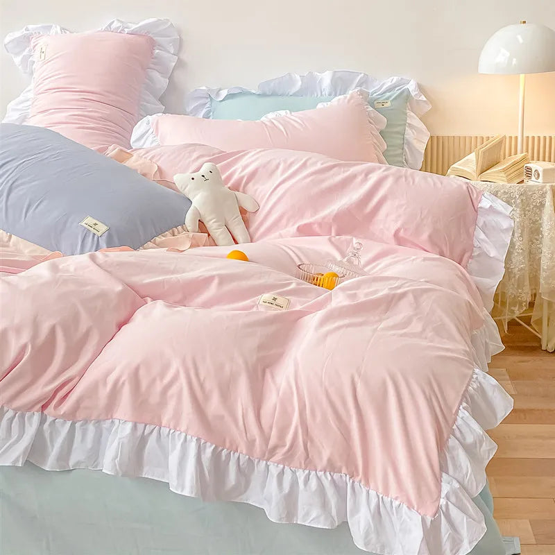 YOUMIKA  -  Kawaii Pink Bedding Set Bedspreads Polyester Twin Full Queen Size Cute Fitted Double Bed Sheet Pillowcase Bedroom Duvet Cover