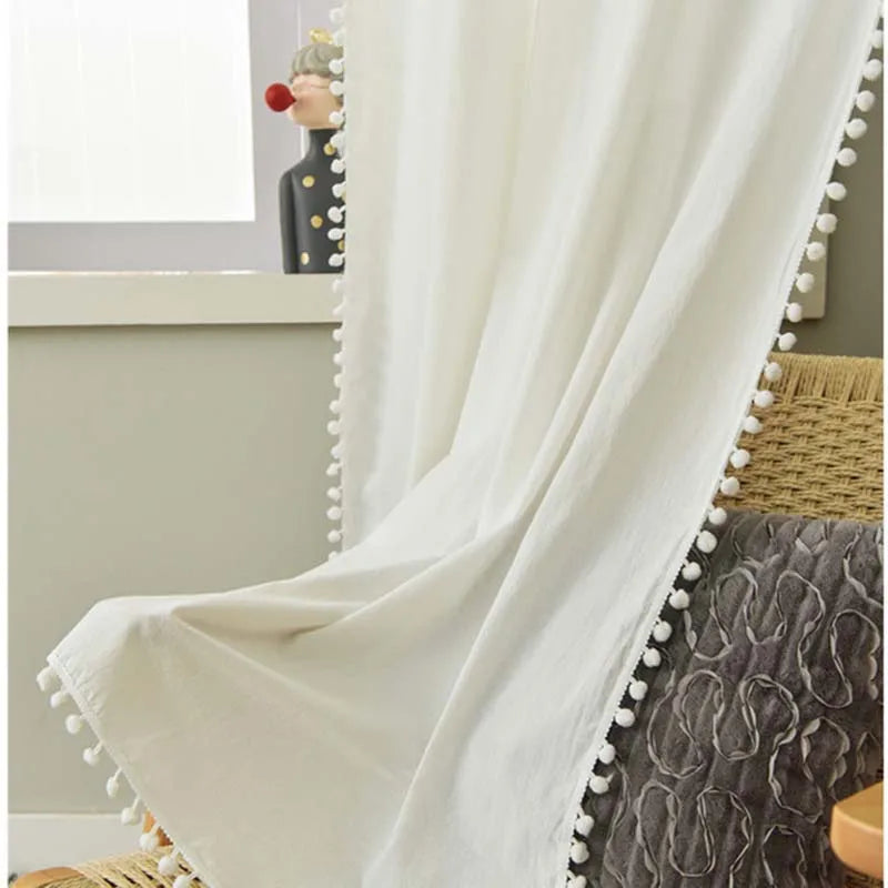 YOUMIKA  -  Linen Look Pom Pom Textured Solid Semi Sheer Airy Tassel Energy Efficient Privacy Elegant Window Curtain Drape Rod Pocket TJ7876