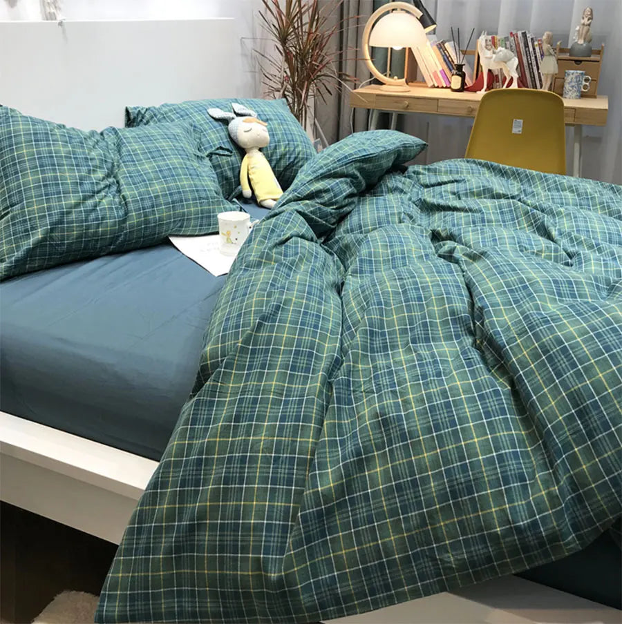 YOUMIKA  -  Classic Vintage Blue Green Geometric Plaid Bedding Set,cotton Twin Full Queen King Home Textile Bed Sheet Pillowcase Quilt Cover