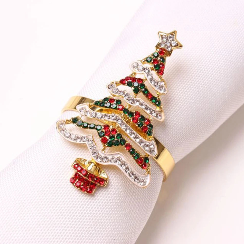 YOUMIKA  -  6PCS Christmas Tree Napkin Ring,Festiva Table Napkin Buckle,Diamond Deer Crafts Holder Handmade Party Dinner Supplies Decorative