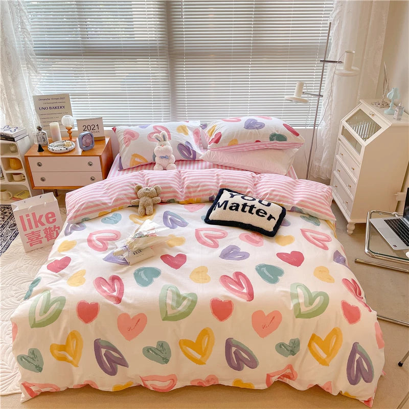 YOUMIKA  -  Kawaii Cherry Hearts Bedding Set For Home Cotton Twin Full Queen Size Cute Double Bed Fitted Bed Sheet Pillowcases Duvet Cover