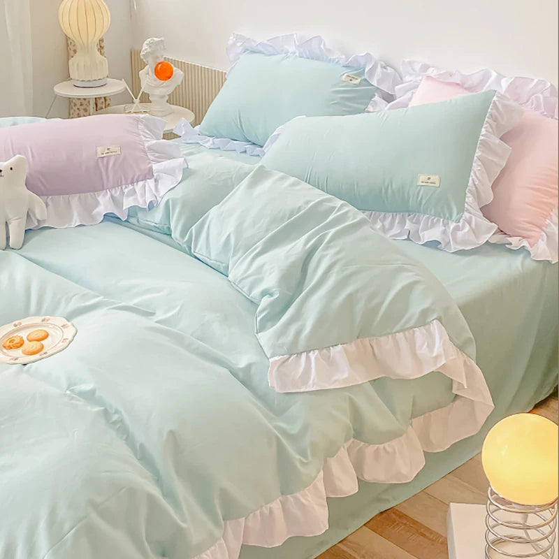 YOUMIKA  -  Kawaii Pink Bedding Set Bedspreads Polyester Twin Full Queen Size Cute Fitted Double Bed Sheet Pillowcase Bedroom Duvet Cover