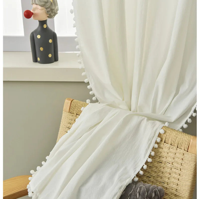 YOUMIKA  -  Linen Look Pom Pom Textured Solid Semi Sheer Airy Tassel Energy Efficient Privacy Elegant Window Curtain Drape Rod Pocket TJ7876