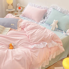 YOUMIKA  -  Kawaii Pink Bedding Set Bedspreads Polyester Twin Full Queen Size Cute Fitted Double Bed Sheet Pillowcase Bedroom Duvet Cover