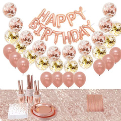 YOUMIKA   -  104PCS RoseGold Party Disposable Dinnerware Set plates cups paper napkins Straw Balloon Table runner for Wedding Baby show Decor