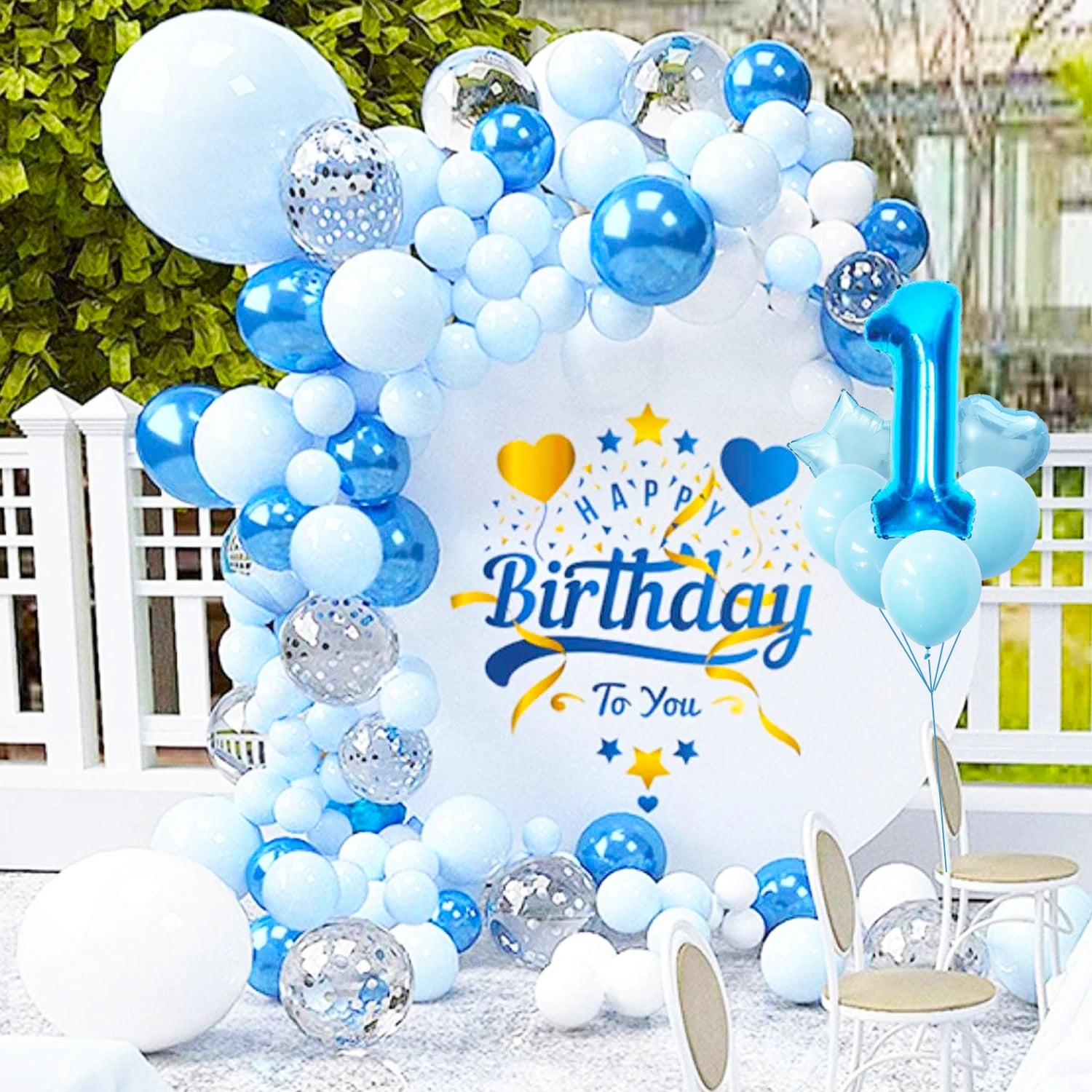 YOUMIKA  -  122Pcs Garland Kit Macaron Metallic Blue White and Silver Confetti Balloon for Birthday Baby Shower Wedding Party Decoration