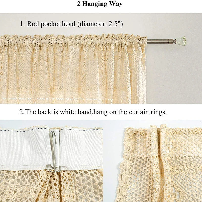 YOUMIKA  -  Boho Chic Crochet Knitting Cotton Linen Window Curtain Panel Farmhouse Retro Beige Sheer Curtains for Bedroom Living Room TJ3839