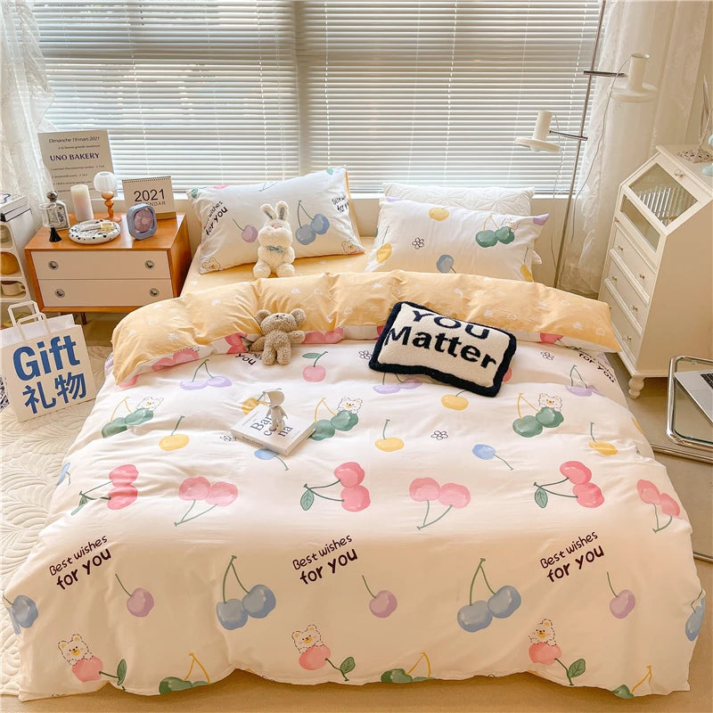 YOUMIKA  -  Kawaii Cherry Hearts Bedding Set For Home Cotton Twin Full Queen Size Cute Double Bed Fitted Bed Sheet Pillowcases Duvet Cover