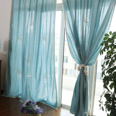 YOUMIKA  -  Natural Cotton Linen Embroidery Blue Curtains, Hand Crochet Lace Edge, Sheer Curtain for Living Room Bedroom, Pastoral Curtains