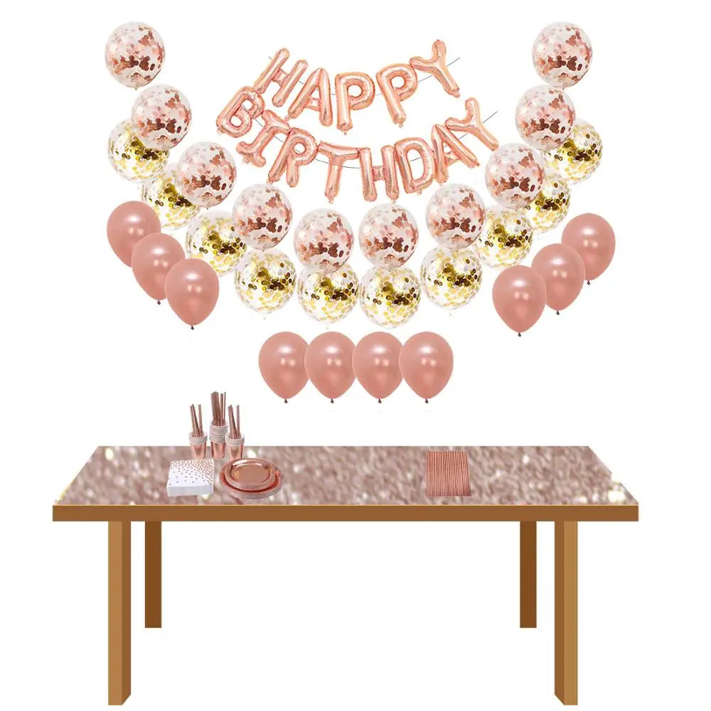 YOUMIKA   -  104PCS RoseGold Party Disposable Dinnerware Set plates cups paper napkins Straw Balloon Table runner for Wedding Baby show Decor