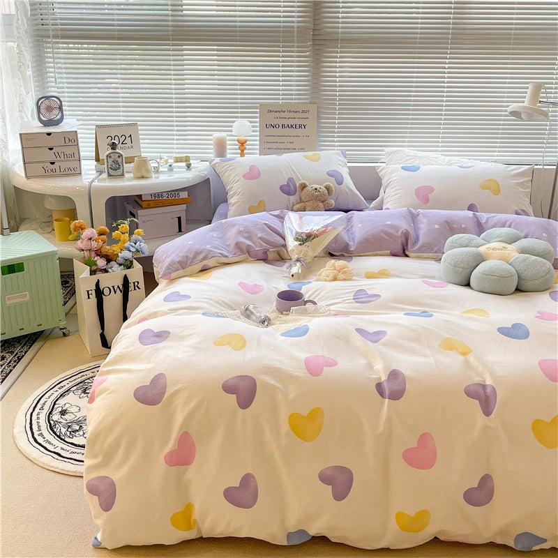 YOUMIKA  -  Kawaii Cherry Hearts Bedding Set For Home Cotton Twin Full Queen Size Cute Double Bed Fitted Bed Sheet Pillowcases Duvet Cover