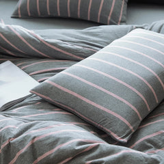 YOUMIKA  -  100% Cotton bedding set 4pcs queen king size solid gray fitted sheet sports style jersey knit pink stripe duvet covers bedlinen