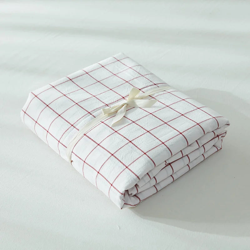 YOUMIKA  -  Fresh bedroom set vintage style washed cotton fabric white plaid duvet cover bedding sets 3/4pcs bed linen red fitted sheet