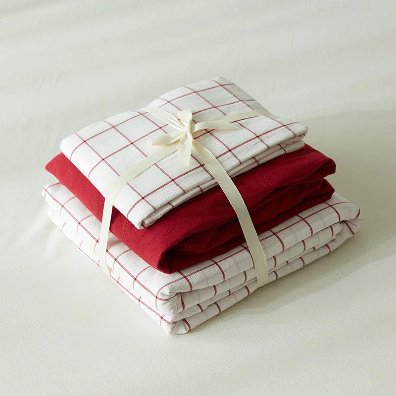 YOUMIKA  -  Fresh bedroom set vintage style washed cotton fabric white plaid duvet cover bedding sets 3/4pcs bed linen red fitted sheet