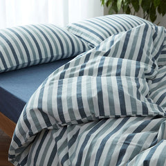 YOUMIKA  -  100% washed Cotton bed linen 3/4pcs vintage blue and white stripe duvet quilt covers single queen king size bedding fitted sheet