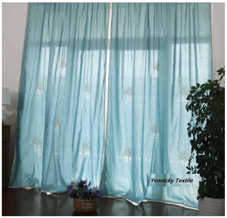 YOUMIKA  -  Natural Cotton Linen Embroidery Blue Curtains, Hand Crochet Lace Edge, Sheer Curtain for Living Room Bedroom, Pastoral Curtains