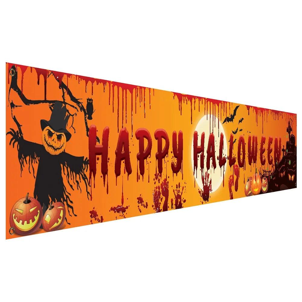 YOUMIKA  -  250x48cm Latest Happy Halloween Banner Bloody Bat Pumpkin Ghost Print Party Backdrop Hanging Banner Halloween Decor