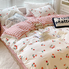 YOUMIKA  -  Kawaii Cherry Hearts Bedding Set For Home Cotton Twin Full Queen Size Cute Double Bed Fitted Bed Sheet Pillowcases Duvet Cover