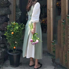 YOUMIKA  -   Japanese Style 100% Cotton Garden Aprons for Women Elegant Pinafore Dress Baking Cooking Painting with Waist Ties TJ3817