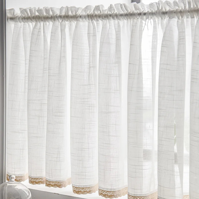 YOUMIKA  -  Linen Lace Kitchen Window Curtain, Valance Rod Pocket, Semi Sheer, Elegant Half Curtains, Treatment for Bathroom, Cafe, TJ6431