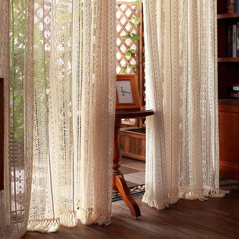 YOUMIKA  -  Boho Chic Crochet Knitting Cotton Window Sheer Curtain, Farmhouse Retro Rod Pockets, Bedroom and Living Room, Home, 1 Piece,