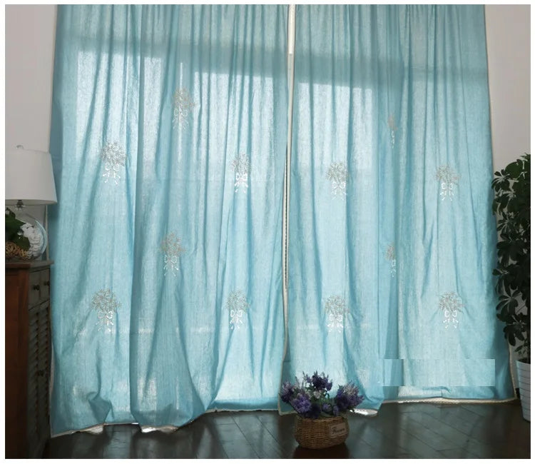 YOUMIKA  -  Natural Cotton Linen Embroidery Blue Curtains, Hand Crochet Lace Edge, Sheer Curtain for Living Room Bedroom, Pastoral Curtains