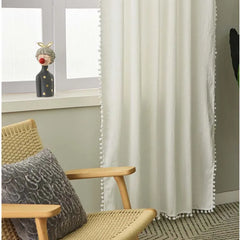 YOUMIKA  -  Linen Look Pom Pom Textured Solid Semi Sheer Airy Tassel Energy Efficient Privacy Elegant Window Curtain Drape Rod Pocket TJ7876