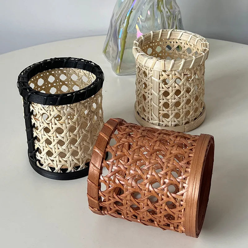 YOUMIKA  -  White Vine Hand Woven Cylindrical Pen Holder,bamboo Woven Small Cylinder Tableware Storage Basket,small Miscellaneous Basket Set