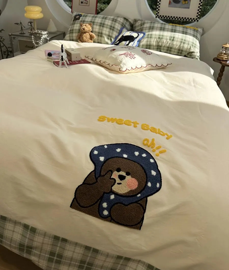 YOUMIKA  -  Cute towel embroidery bear green plaid bedding set,twn full queen king cotton home textile bed sheet pillow case quilt cover