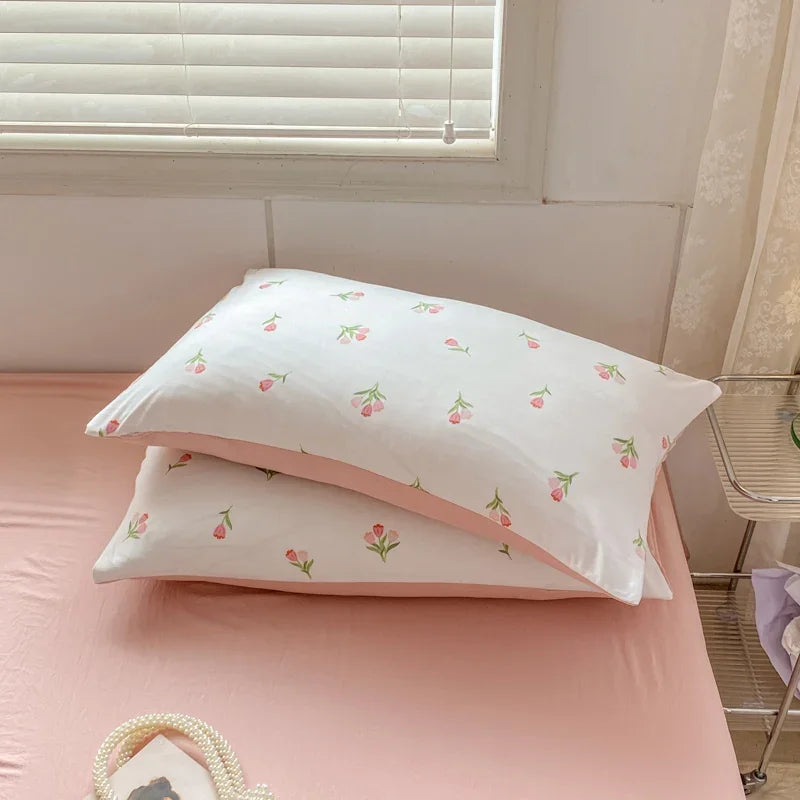 YOUMIKA  -  Romantic Tulip Pink Bedding Set Bed Flat Sheet Pillowcase Twin Full Queen Bed Linen Kids Girls Floral Duvet Cover No Filling