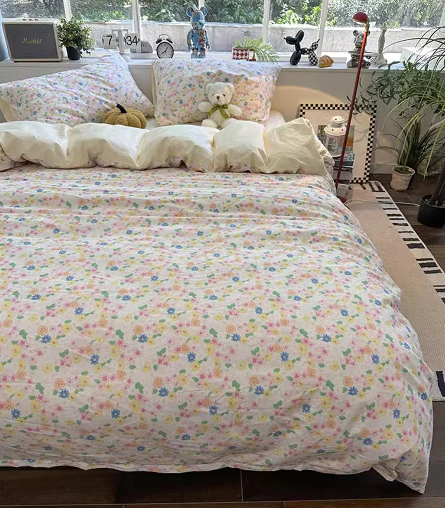 YOUMIKA  -  Sweet dopamine flower yellow blue pink green bedding set,twin full queen cotton home textile bed sheet pillow case quilt cover