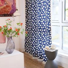 YOUMIKA  -  Bohemian Cotton Curtains with Tassels for Living Room and Bedroom, Blue Floral Printed, Semi-Blackout Darkening Cotton Panel,