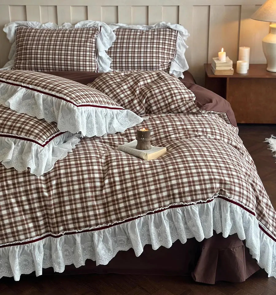 YOUMIKA  -  Fairyfair lace bedding set,full queen king classic vintage plaid brown cotton home textile bed sheet pillow case duvet cover