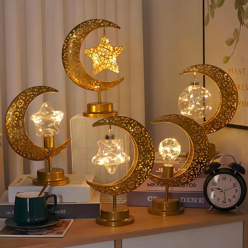 YOUMIKA  -  Metal LED Moon Lamp Star Moon Bedroom Night Light Bedside Round Ball Table Lamp Ramadan Decor Halloween Christmas Mood Light