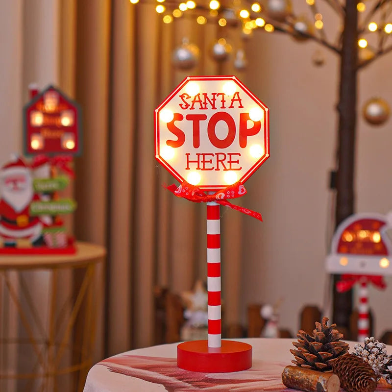 YOUMIKA  -  Christmas Retro Lamp LED Light Santa Stop Here Street Sign Xmas Wooden Desktop Decoration for Home Navidad New Year Kids Gift