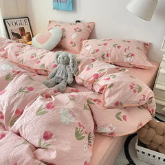 YOUMIKA  -  Tulip Rabbit Double-layer Bed Set Of Four Pieces Bedding Set Flora INS Girls 2024 New  Washing Cotton Bed Sheets Duvet Cover Set