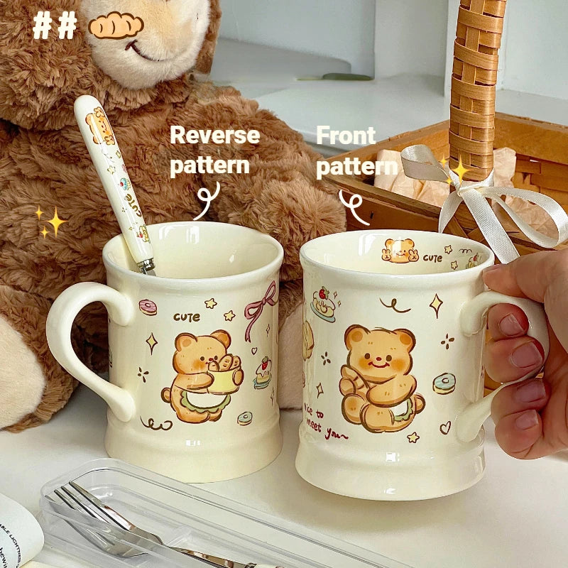 YOUMIKA  -  Cream Style Cute Butter Bread Bear Handle Mug Gift Breakfast Gift Coffee Cup Ceramic Mug