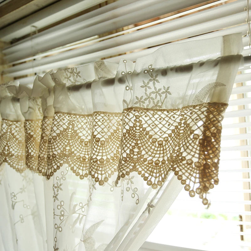 YOUMIKA  -  Lace Tier Curtains Floral Embroidery Short Curtain Panels Rod Pocket Semi Sheer Curtains for Bedroom Living Room Kitchen Windows