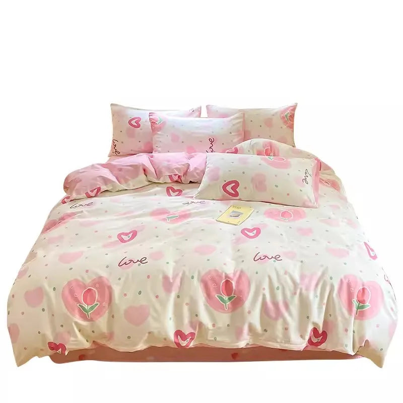 YOUMIKA  -  3/4 Piece Cotton Bedding Set For Girl Cute Korean Style Flat And Fitted Bed Sheets Set Comforter Twin Queen Size With Pillowcase