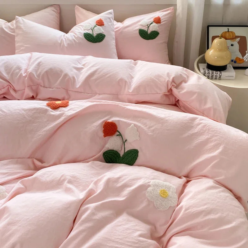 YOUMIKA  -  Cute Flower Embroidery Bedding Set Pink Girls Duvet Cover With Sheet Pillowcase Soft Washed Cotton Bed Linen Decor Home Textiles