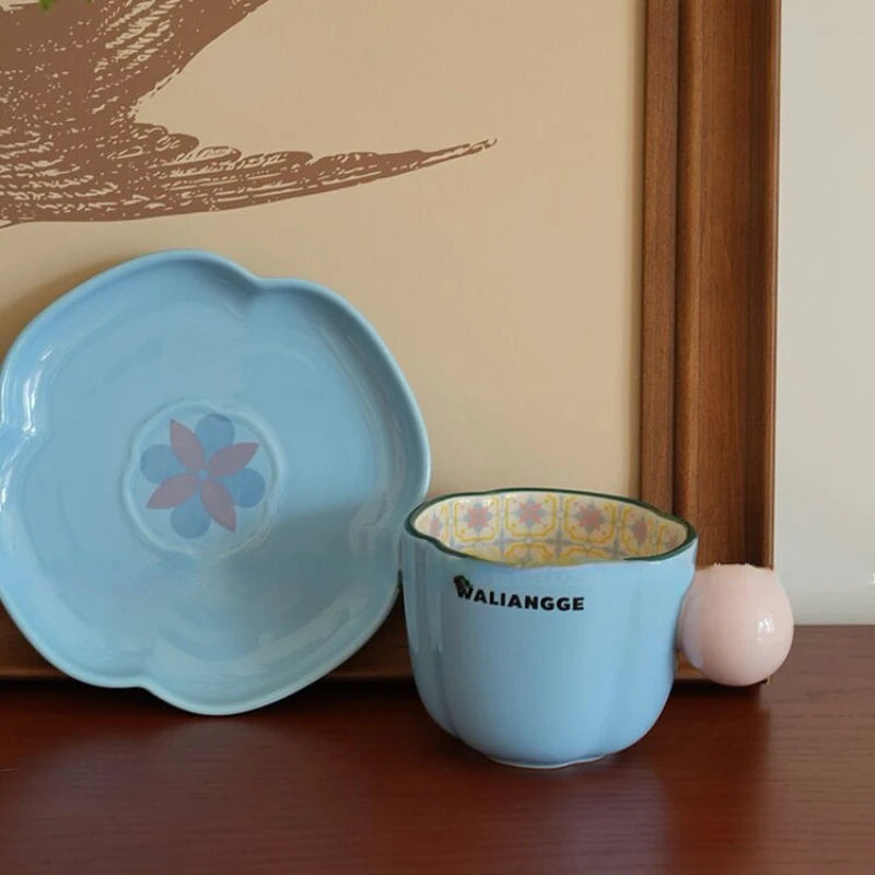 YOUMIKA  -  Retro Underglaze Colored Ceramic Coffee Cups and Plates Latte Flower Cups Afternoon Tea Cups and Plates