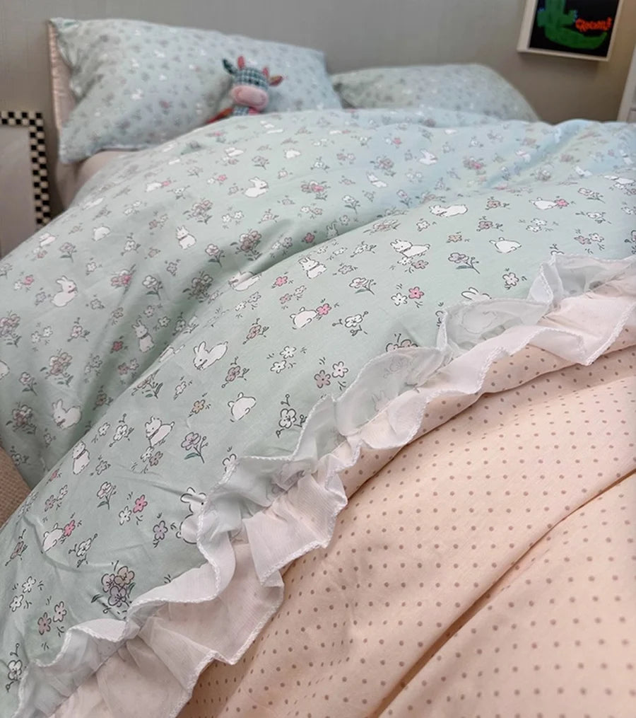 YOUMIKA  -  Romantic flower rabbit green bedding set kid,twin full queen fresh fashion cotton home textile bed sheet pillow case quilt cover