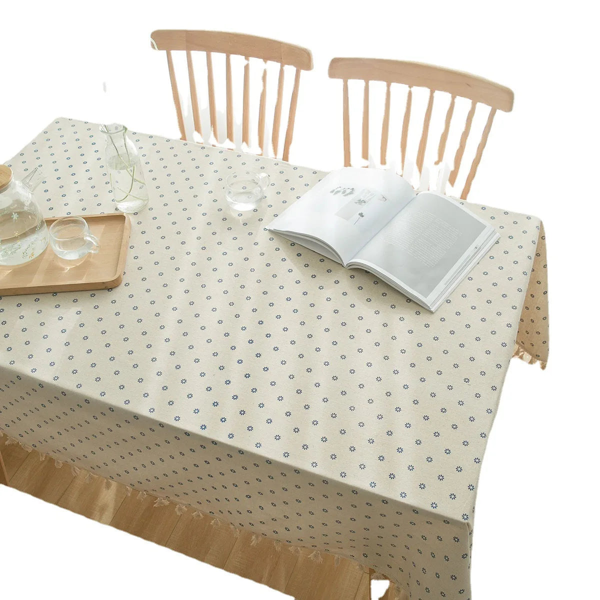 YOUMIKA  - Cotton Linen Tablecloth, Beige and Blue Flower, American Rural and Pastoral Style, Table Cover Decoration