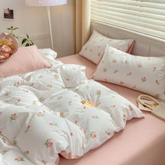 YOUMIKA  -  Romantic Tulip Pink Bedding Set Bed Flat Sheet Pillowcase Twin Full Queen Bed Linen Kids Girls Floral Duvet Cover No Filling