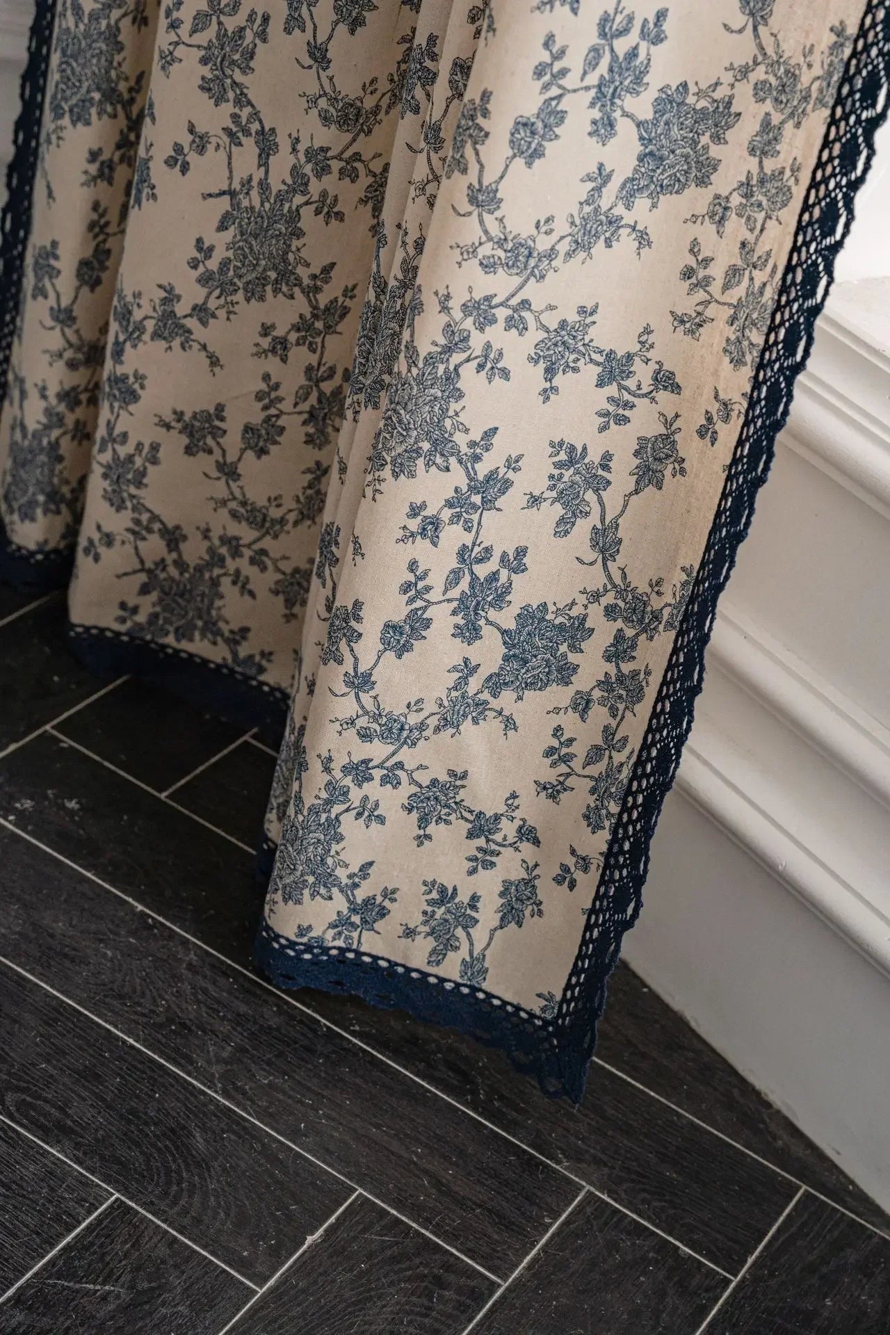 YOUMIKA  -  Cotton Linen Blue Flower Curtains Rural and Pastoral Style Curtain with Blue Lace Bedroom and Living Room